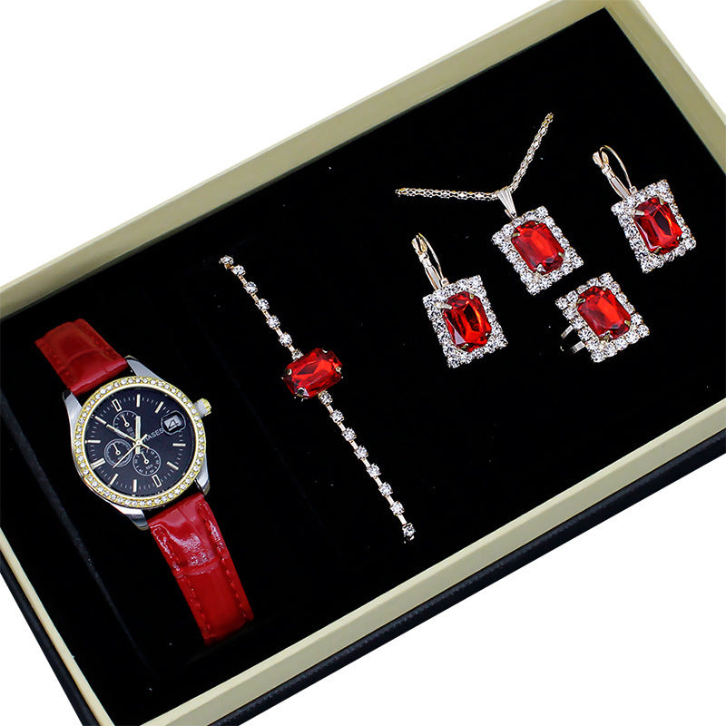 Coffret Montre-Bijou Carrée Femme – 5 Pièces : Montre + Collier + Boucles + Bague ✨
