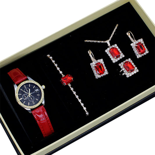 Coffret Montre-Bijou Carrée Femme – 5 Pièces : Montre + Collier + Boucles + Bague ✨