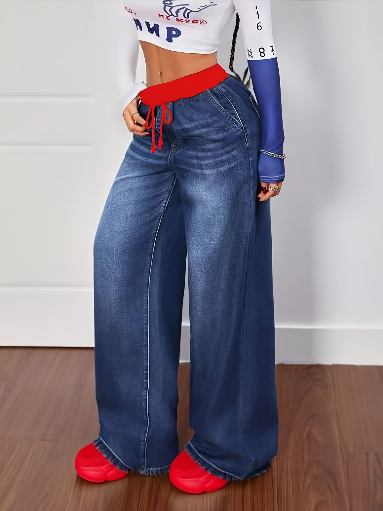 Jean Femme Taille Haute Jambes Droites Cordon - Denim 85% Coton Bleu S-XXL