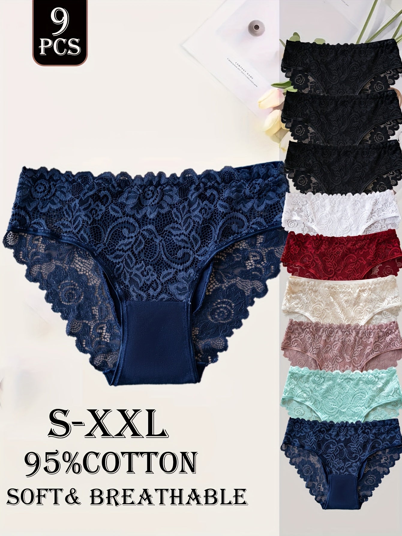 Lot de 9 culottes femme en coton avec dentelle - Couleur unie, style élégant, confort quotidien