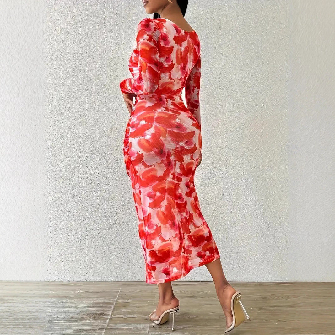 Robe Longue Imprimee Geometrique Maille - Col Rond, Manches Longues, Style Decontracte Chic
