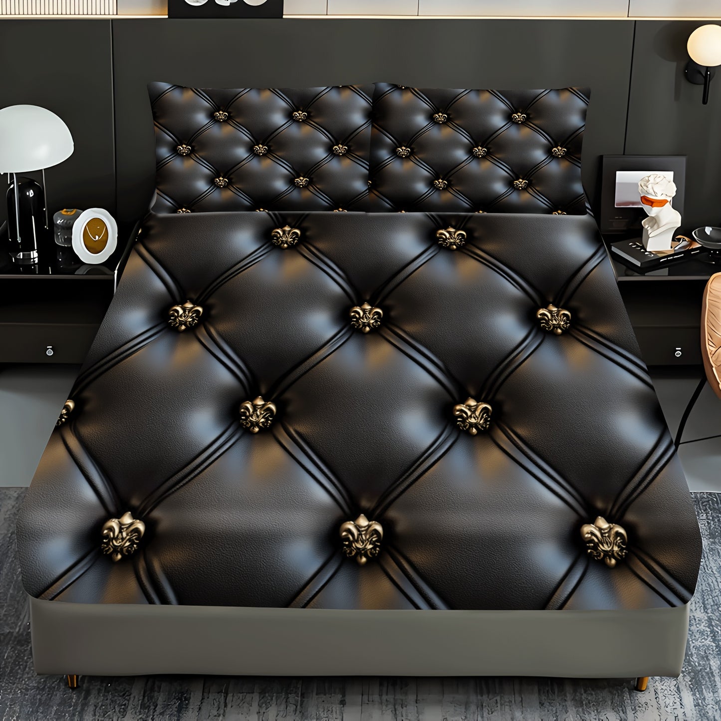 Ensemble Drap-Housse Capitonné 3 Pièces — Motif Cuir Noir & Boutons Dorés, 100% Polyester, 10 Tailles