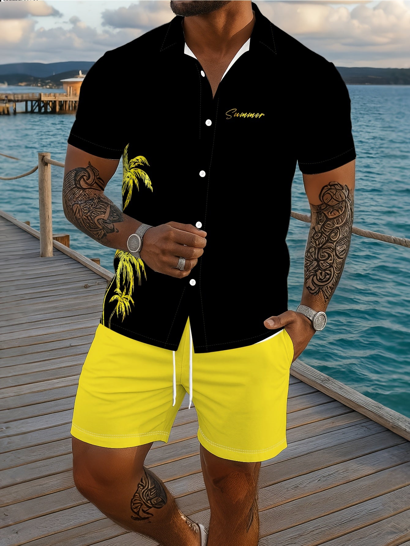 Ensemble Chemise Manches Courtes et Short Imprime Homme - Tenue Ete Decontractee