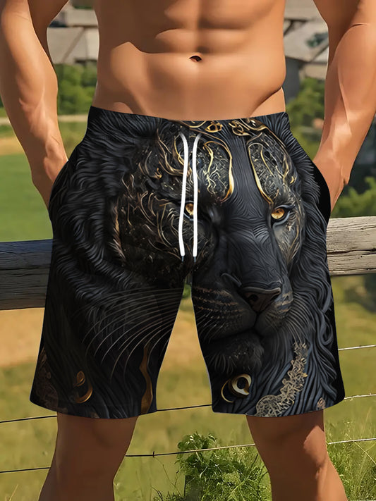 T-Shirt Homme Imprime Lion Noir et Dore Motif Geometrique Decontracte - 100% Polyester FR S-XXL