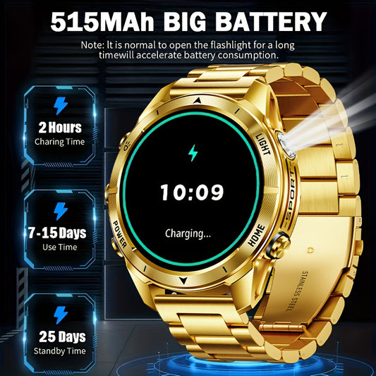 Montre Connectée Bracelet Acier Doré — Écran IPS 1,53" Tactile HD, Bluetooth 5.3, Batterie 515mAh