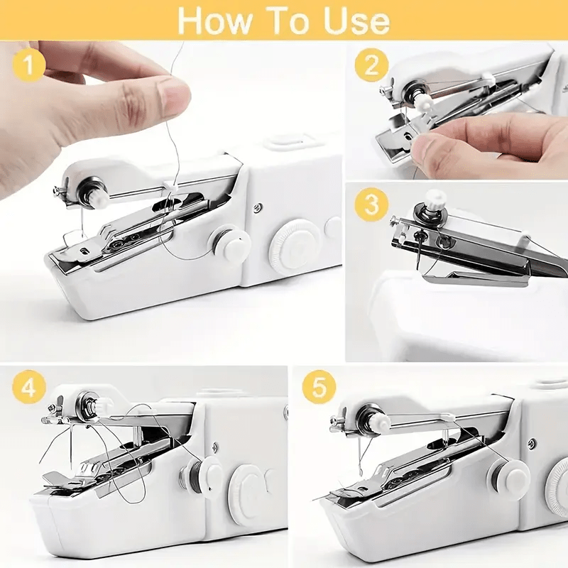 Portable compact sewing machine shown in four steps for threading and operation, with a hand demonstrating usage.