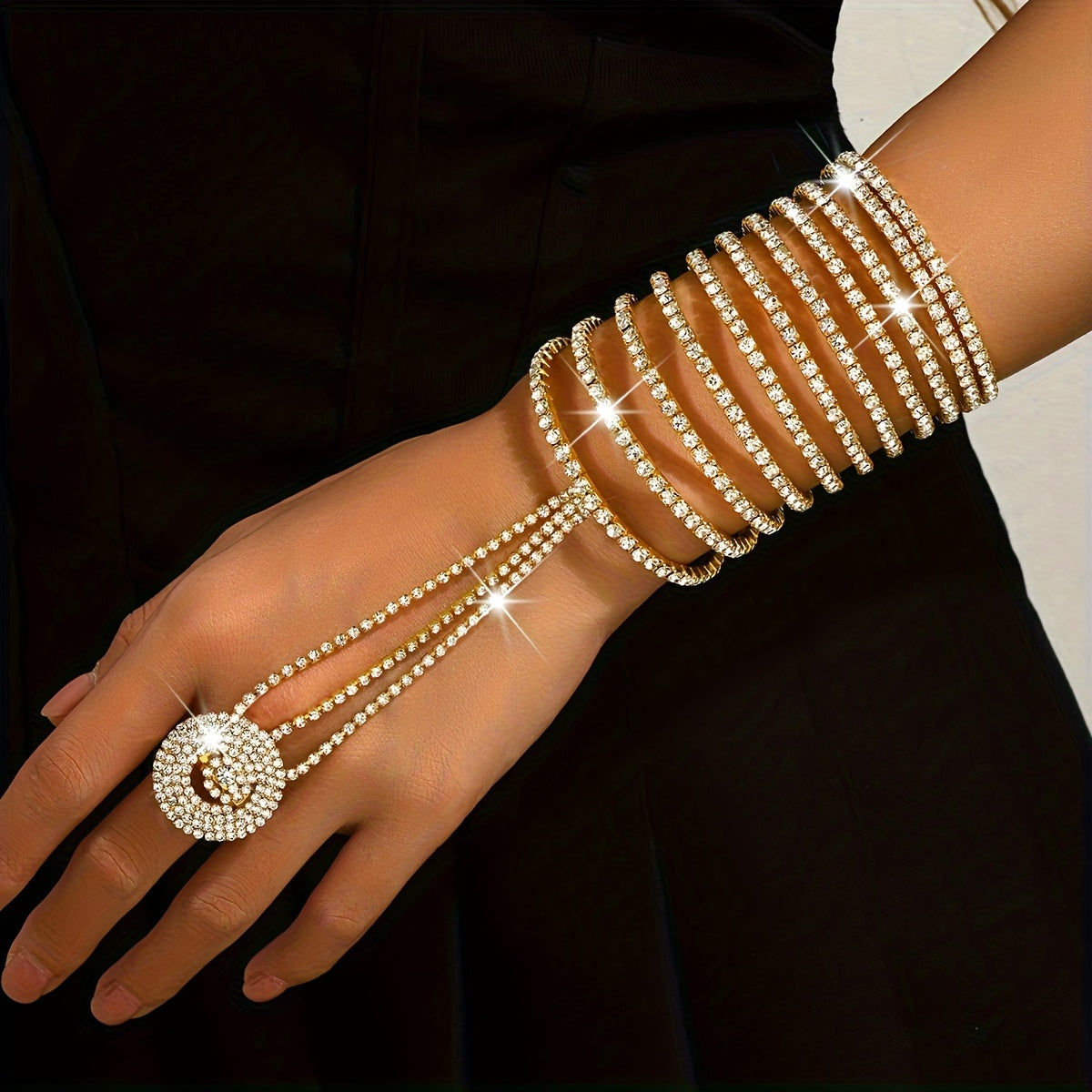 Bracelet Strass Multi-Rangs Femme - Style Luxe Pailletes Dore Argente