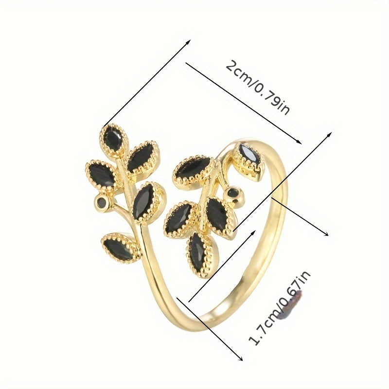 Bague ouverte ajustable femme cuivre plaque blanc K - Zircone cubique feuille branche, style nature, 6 modeles
