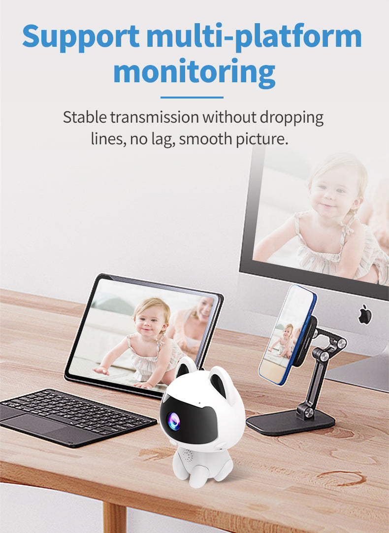 Camera de Surveillance WiFi 720p Forme Chat V380 - Blanc, Zoom Electronique, Vision Nocturne