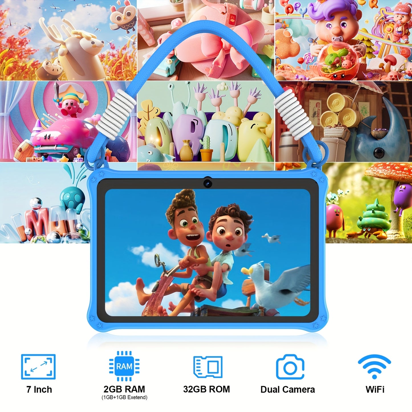 Tablette Enfants 7 Pouces Android 13 - Etui de Protection, 2GB RAM + 32GB ROM, Processeur Quadricœur, Double Camera, Wi-Fi, USB-C, 3 Ans et Plus
