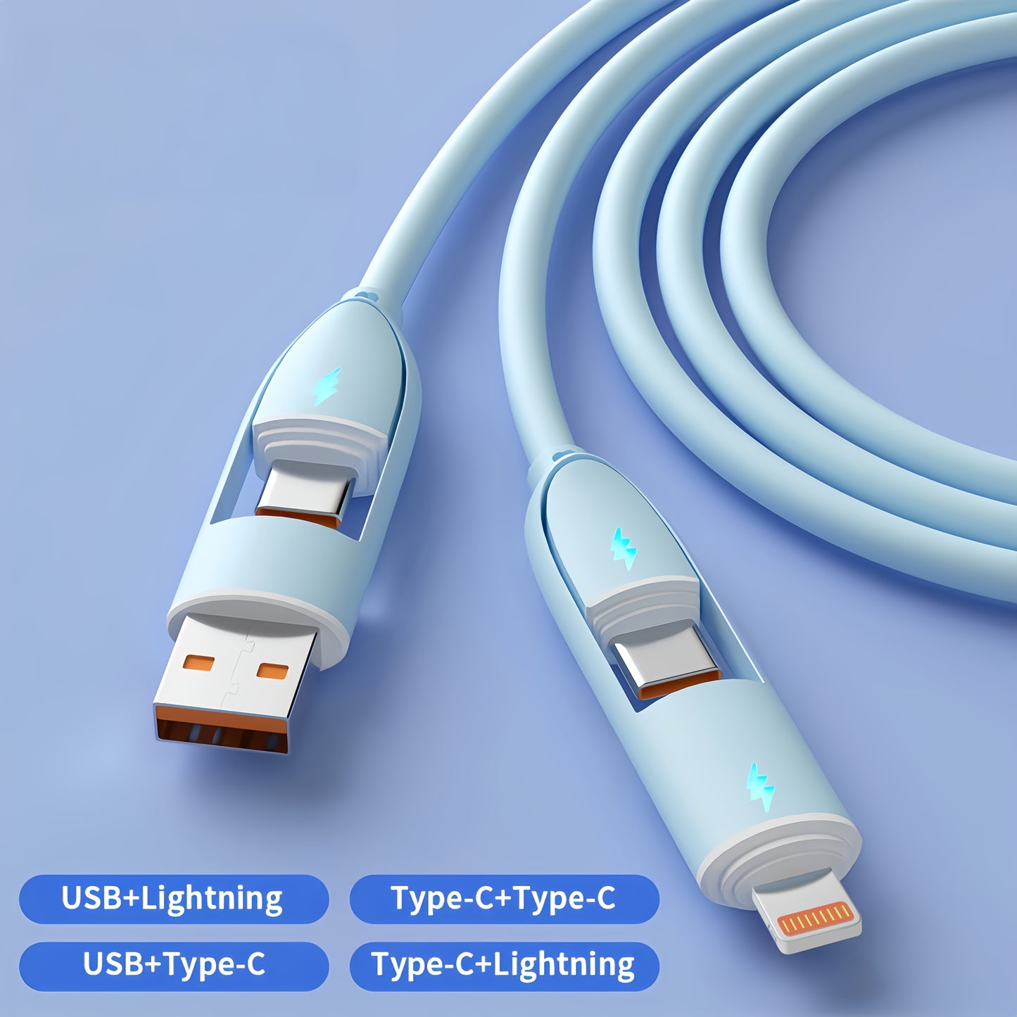 Câble de Charge Ultra-Rapide 4 en 1 – 66W, Type-C vers Lightning, Silicone | ZQJIL