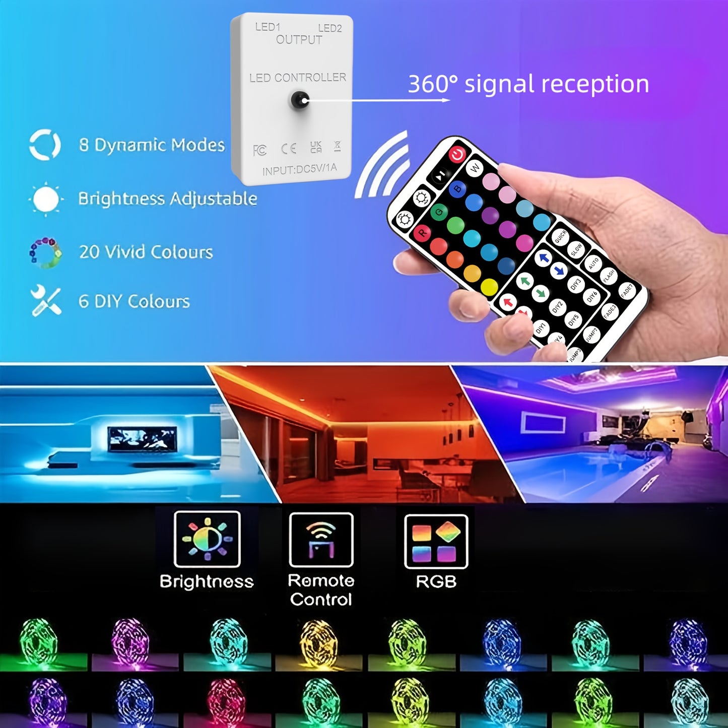 Bande LED RGB avec Télécommande 44 Touches – 1M à 30M, Intensité Réglable 🌈💡