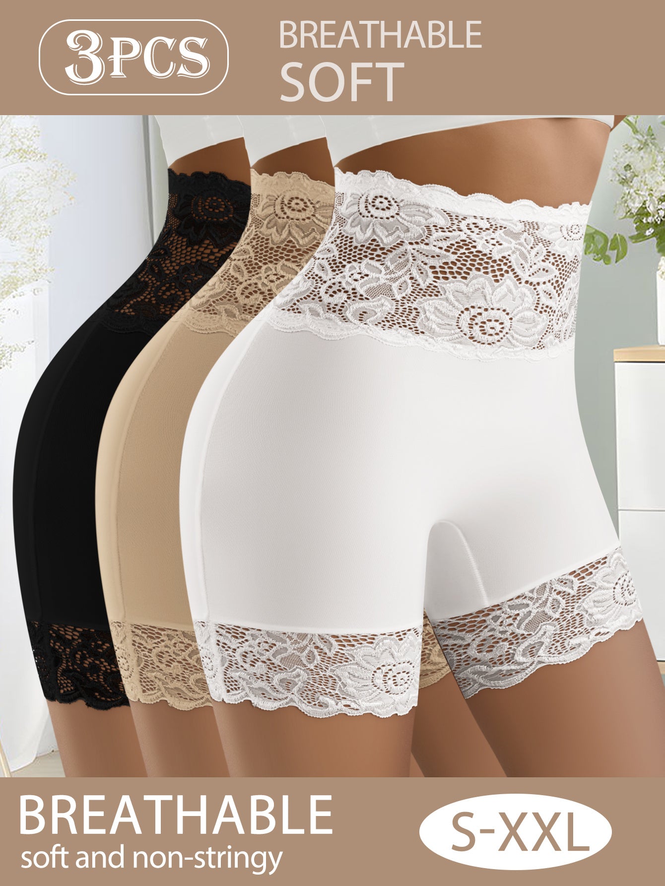 Lot de 3 Culottes Gainantes Taille Haute Dentelle Florale Femme - Blanc