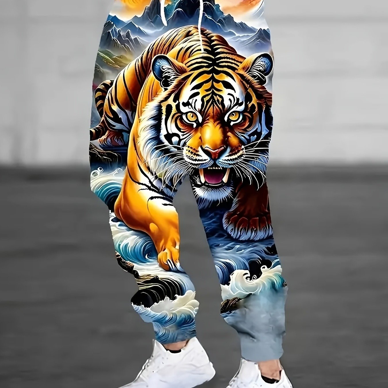 Pantalon Sport Décontracté Homme — Imprimé Rétro Tigre, 100% Polyester, Cordon, S-XXXL