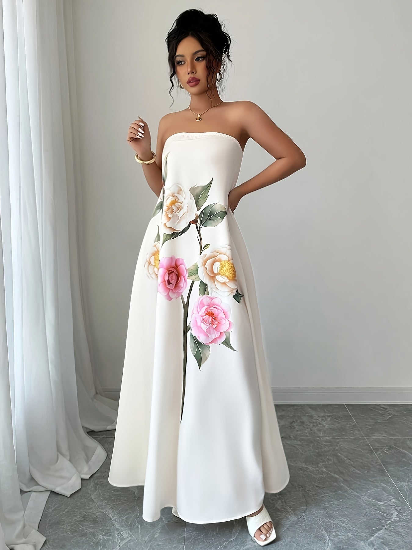 Robe Tunique Femme Elegante Imprime Floral Epaules Denudees – Style Ete Chic, Blanc | S au XL