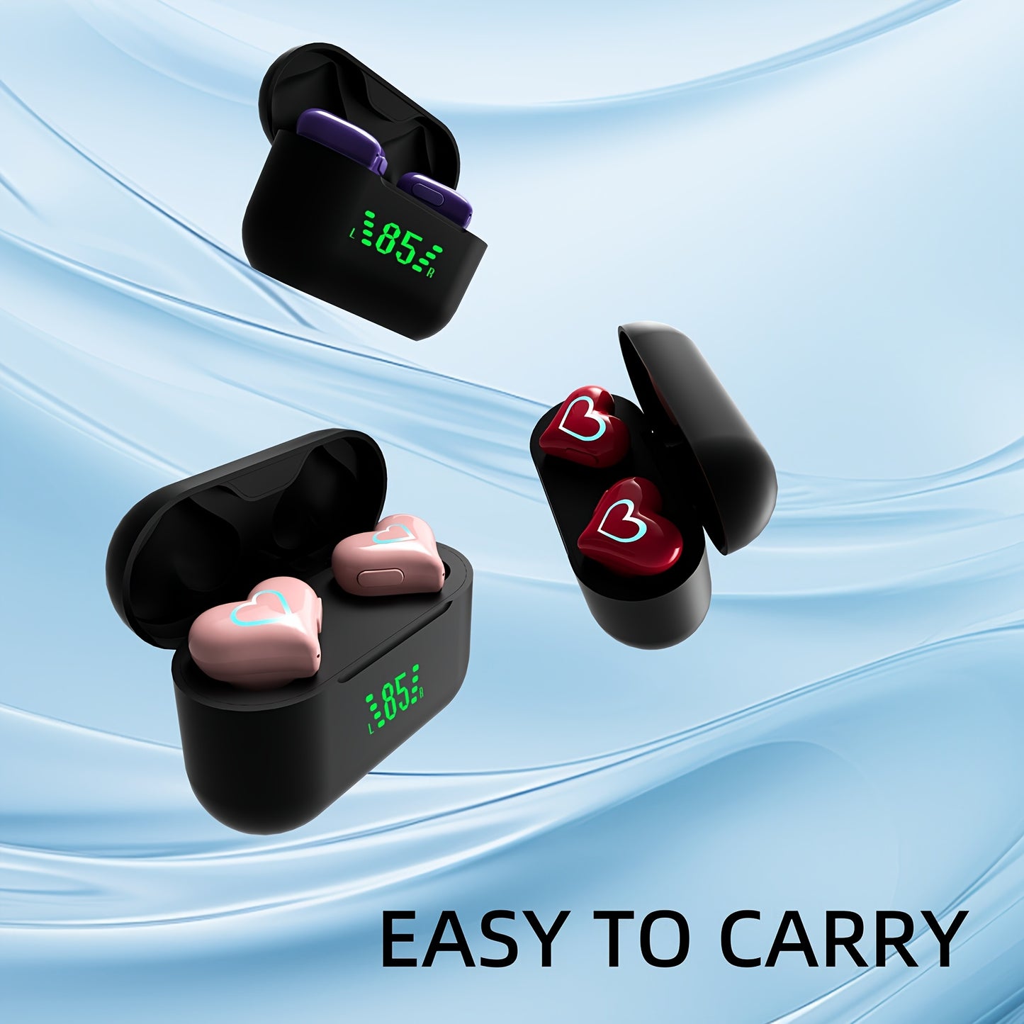 Ecouteurs Sans Fil TWS Coeur - LED, Bluetooth, Reduction de Bruit, Sport & Gaming