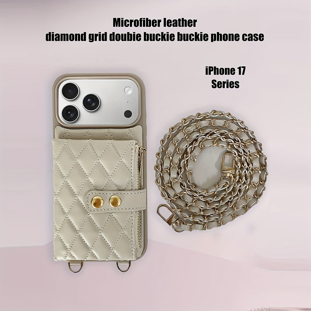 Coque iPhone Portefeuille Matelassee Similicuir Porte-Cartes Bandouliere Chaine - iPhone 11 a 17 Pro Max Beige Noir Rouge