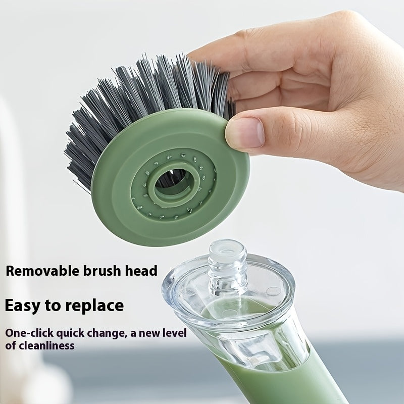 Brosse vaisselle ergonomique distributeur savon integre - Manche allonge, tete interchangeable, plastique, vert