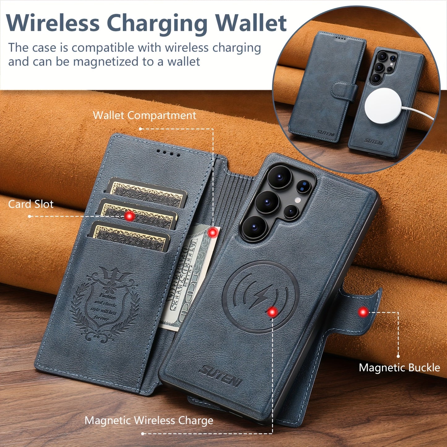Étui Samsung Galaxy Ultra SUTENI – Similicuir, Recharge Sans Fil, Boucle Magnétique, 3 Coloris