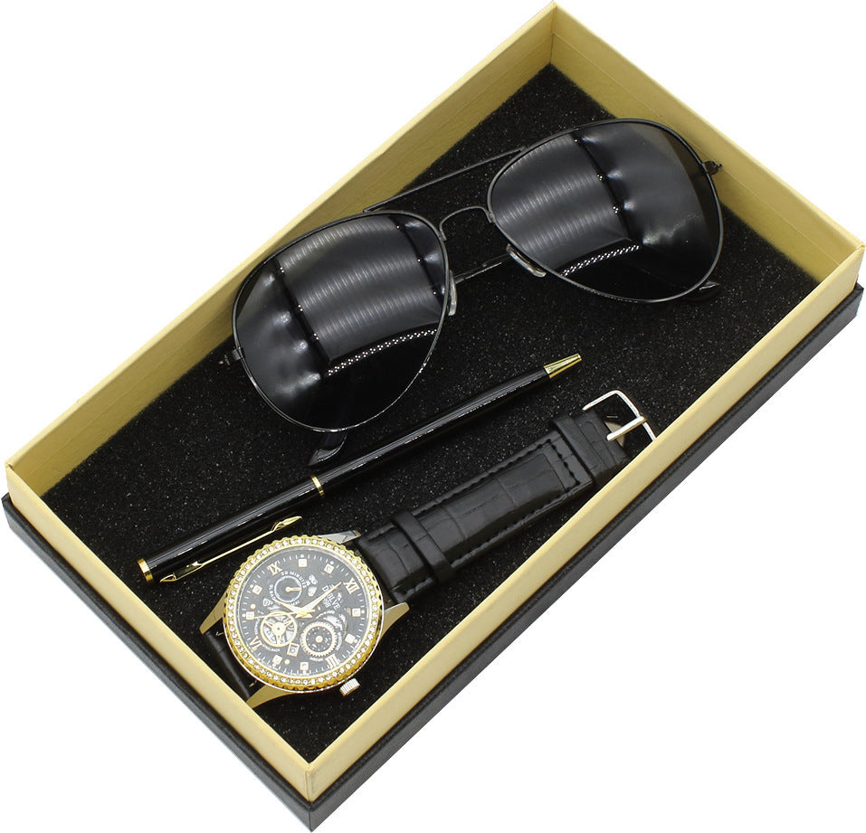 Coffret Cadeau Homme – Montre Quartz + Lunettes + Stylo, Ultra-Fine 8mm 🕹️⌚🕶️