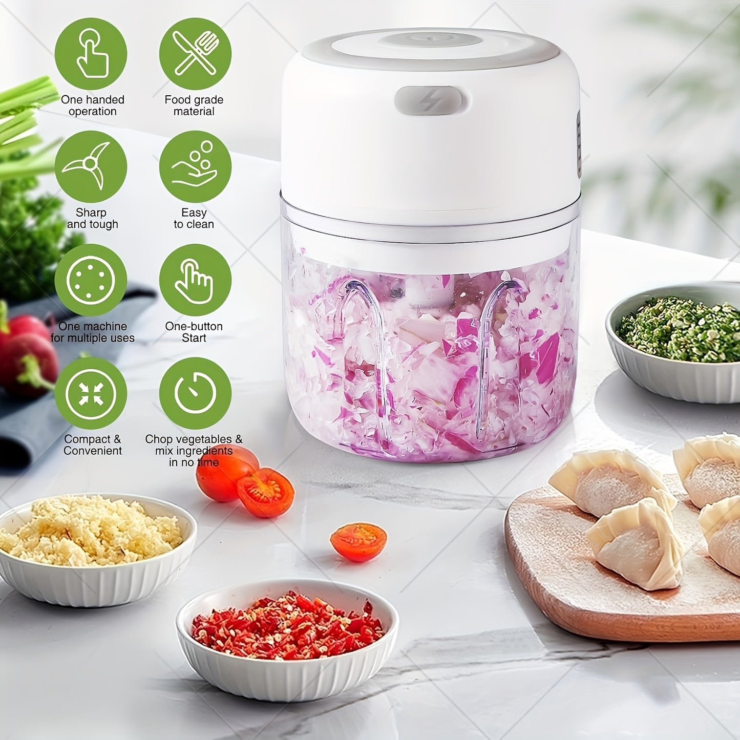 Hachoir Electrique Portable 280ml Rechargeable USB - Legumes Oignons Epices Noix Batterie 500mAh Vert Blanc Rose
