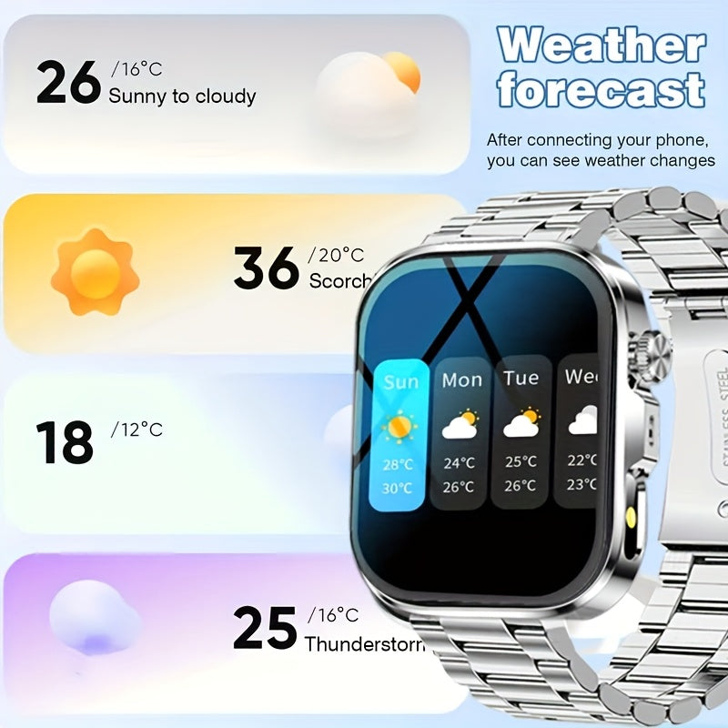 Montre Connectee Tactile Bracelet Acier Inoxydable Ecran HD 2.01 Pouces Recharge Magnetique - Appels Notifications Lampe Torche LED Style Business Decontracte