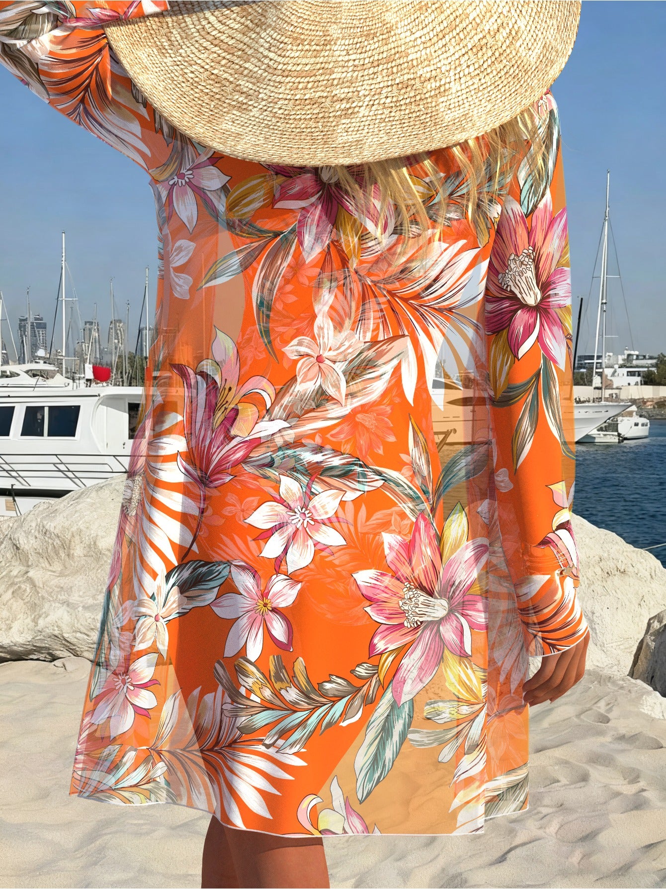 Maillot de bain une pièce femme + paréo imprimé tropical orange - Très extensible, élégant