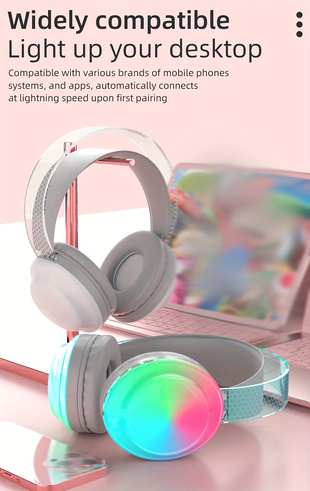Casque Sans Fil Bluetooth 5.3 – Léger, Micro Intégré, Lumières LED & Batterie 360mAh | 5 Coloris