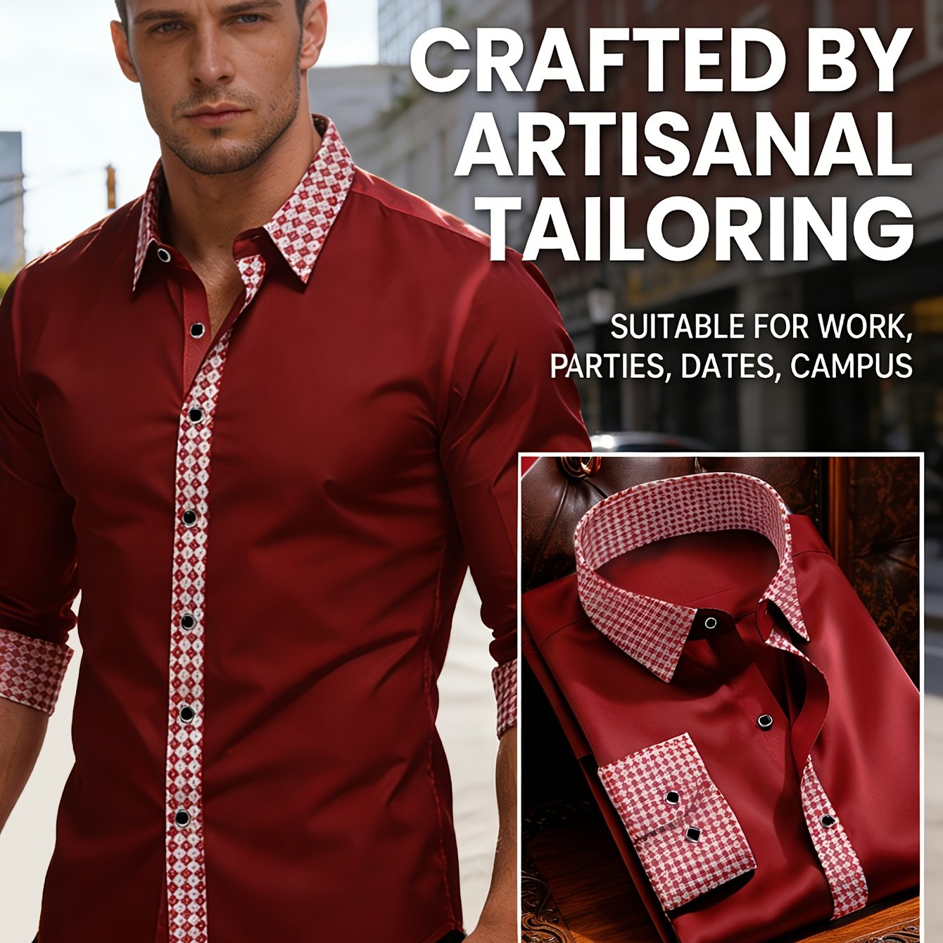Chemise Homme Manches Longues Col Revers Blocs de Couleur 100% Polyester Decontractee - Rouge FR S-XL