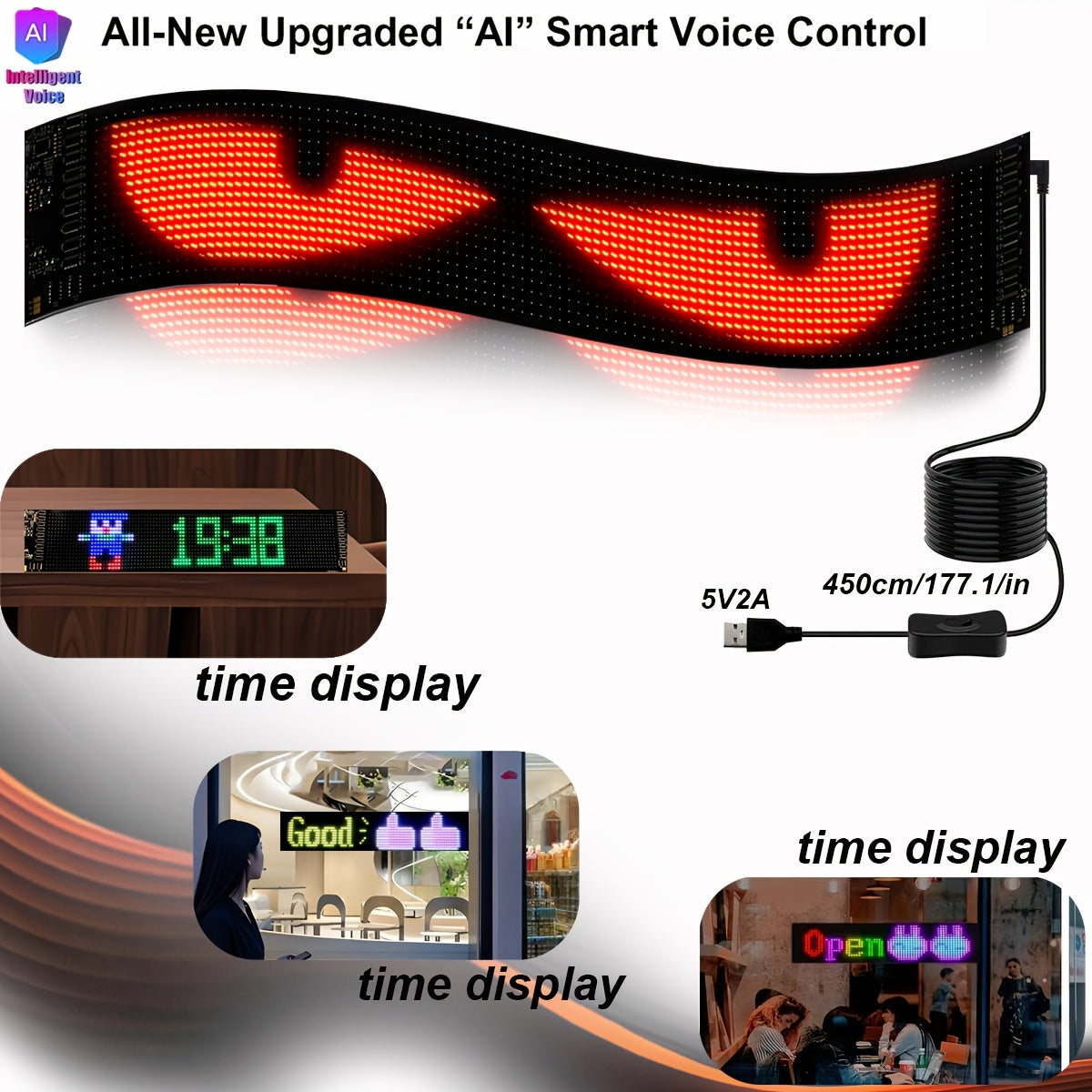 Ecran LED Flexible Controle Vocal Sans Fil Application IA - Lunette Arriere Voiture Vitrine Magasin 3 Tailles