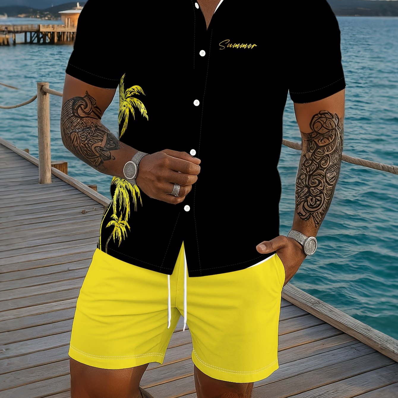 Ensemble Chemise Manches Courtes et Short Imprime Homme - Tenue Ete Decontractee