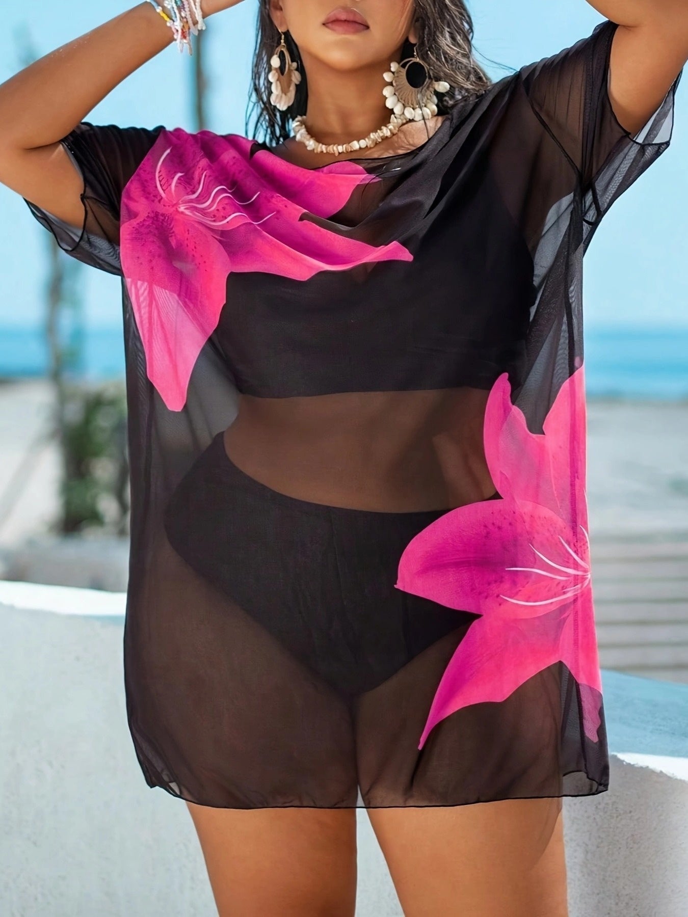 Cache-Maillot Robe de Plage Femme Grande Taille Imprime Floral Tres Extensible Semi-Transparent - 100% Polyester Decontracte Bleu Rose Jaune L-3XL