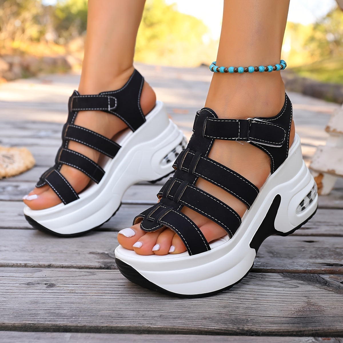 Sandales Compensées Femme - Talon Epais, Bout Ouvert, Boucle