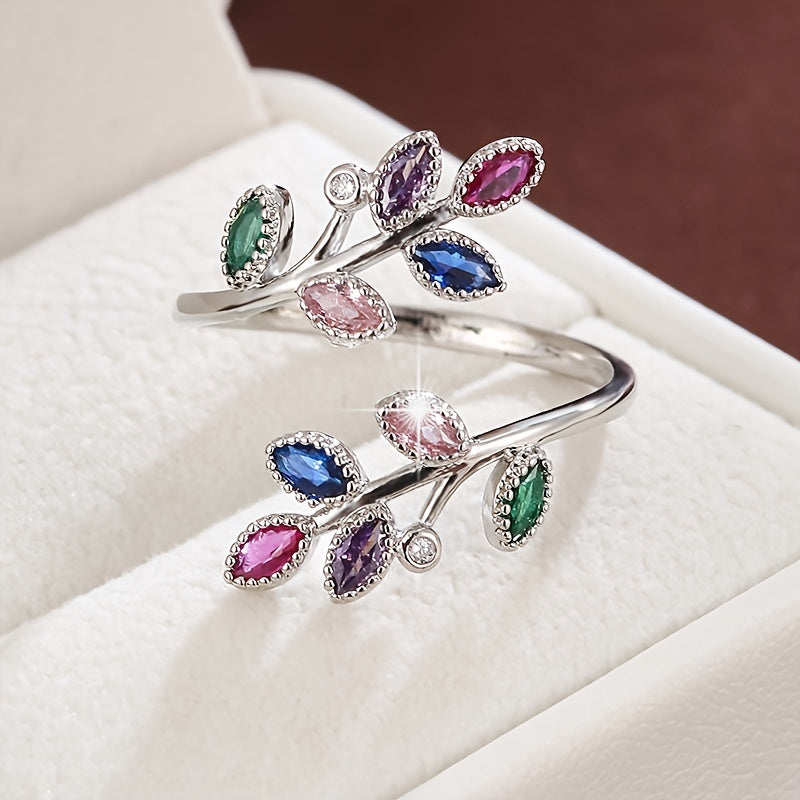 Bague ouverte ajustable femme cuivre plaque blanc K - Zircone cubique feuille branche, style nature, 6 modeles