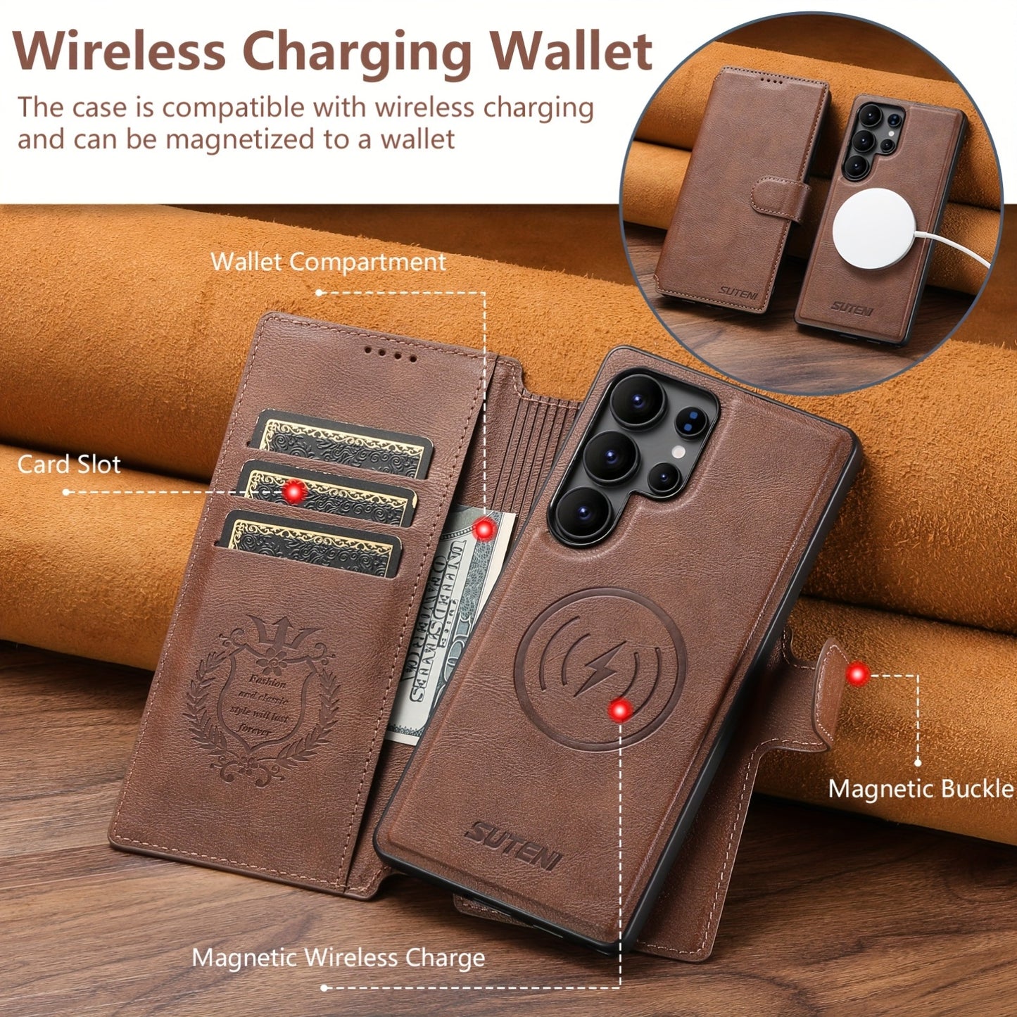 Étui Samsung Galaxy Ultra SUTENI – Similicuir, Recharge Sans Fil, Boucle Magnétique, 3 Coloris