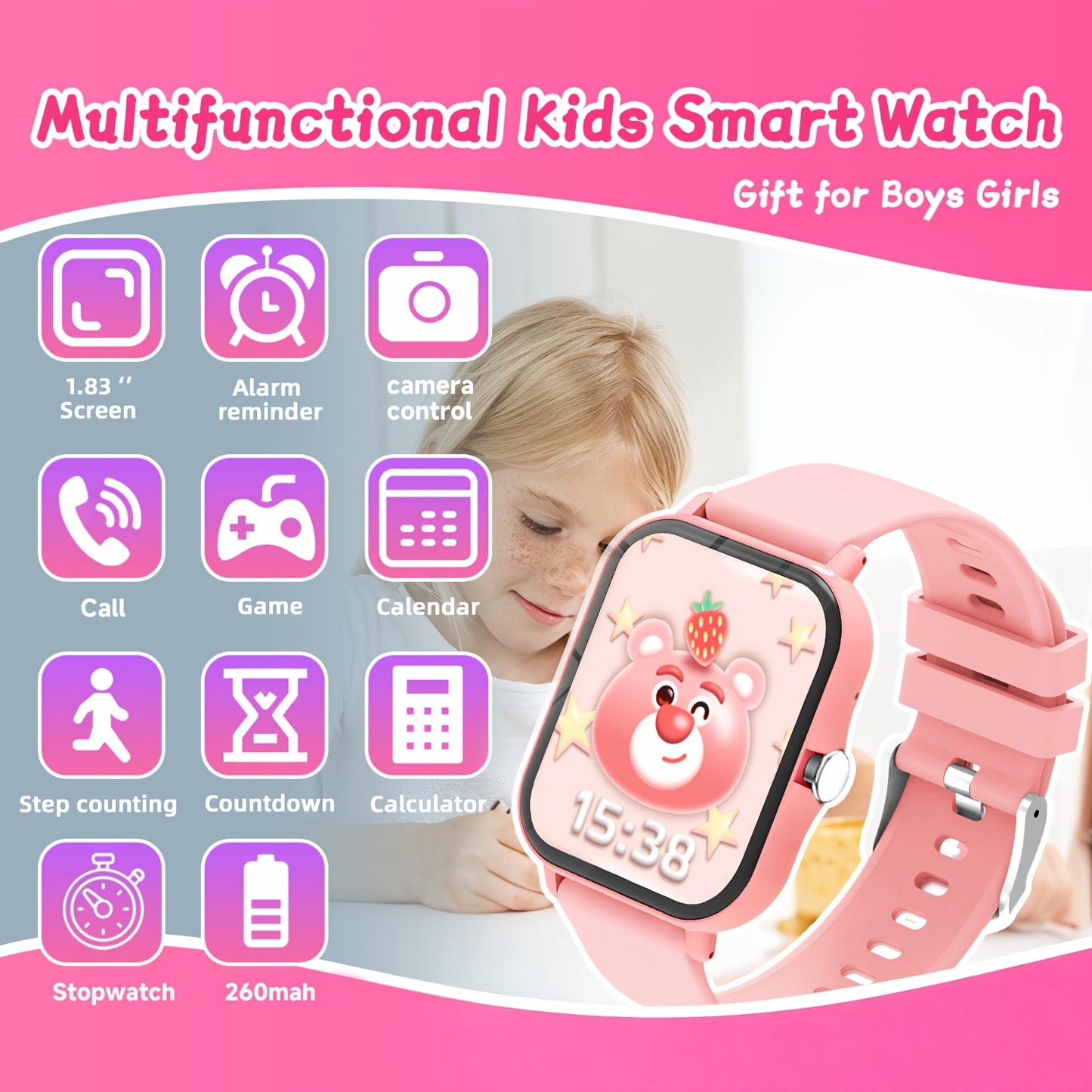 Montre Connectee Enfants Multifonctions - Appels Sans Fil, Musique, Meteo, Lampe Torche, Bracelet Silicone, 3 Coloris
