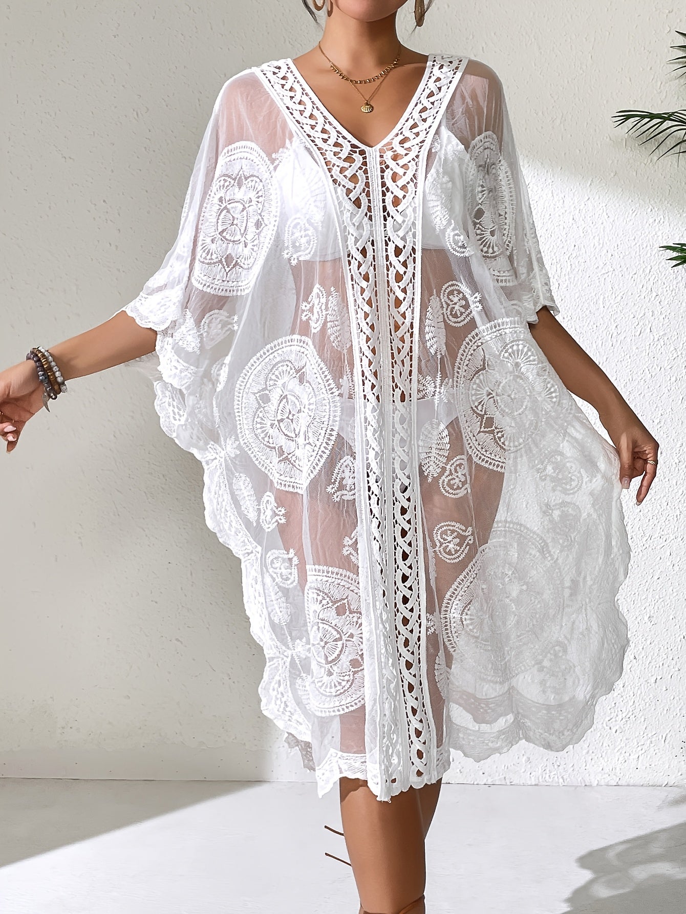 Robe de Plage Femme Boheme Col en V Maille Contrastee Couleur Unie Semi-Transparente - 65% Nylon Viscose Beige Taille Unique