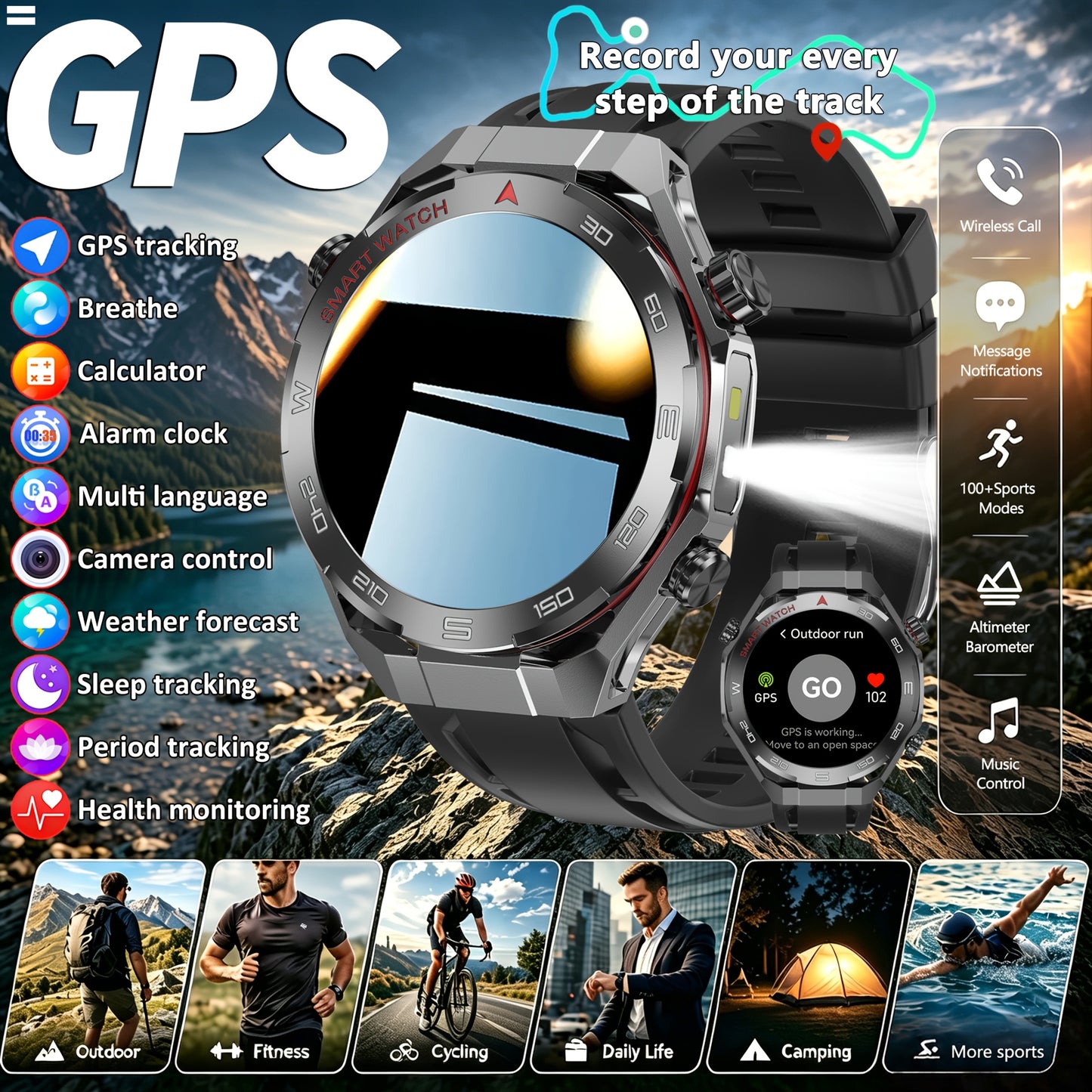 Montre Connectee Sport Homme GPS Integre - Ecran IPS HD 1.5 Pouces, Lampe Torche LED, Altimetre, Bluetooth 5.0