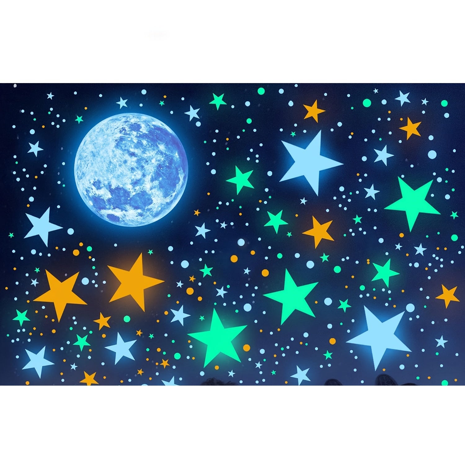 Blue moon and glowing blue, green, and orange star stickers of various sizes against a dark blue background.
