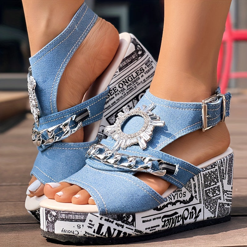 Sandales Compensées Femme Strass – Bout Ouvert, Talon Haut, Boucle Élégante