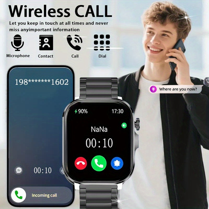 Montre Connectee Tactile Bracelet Acier Inoxydable Ecran HD 2.01 Pouces Recharge Magnetique - Appels Notifications Lampe Torche LED Style Business Decontracte