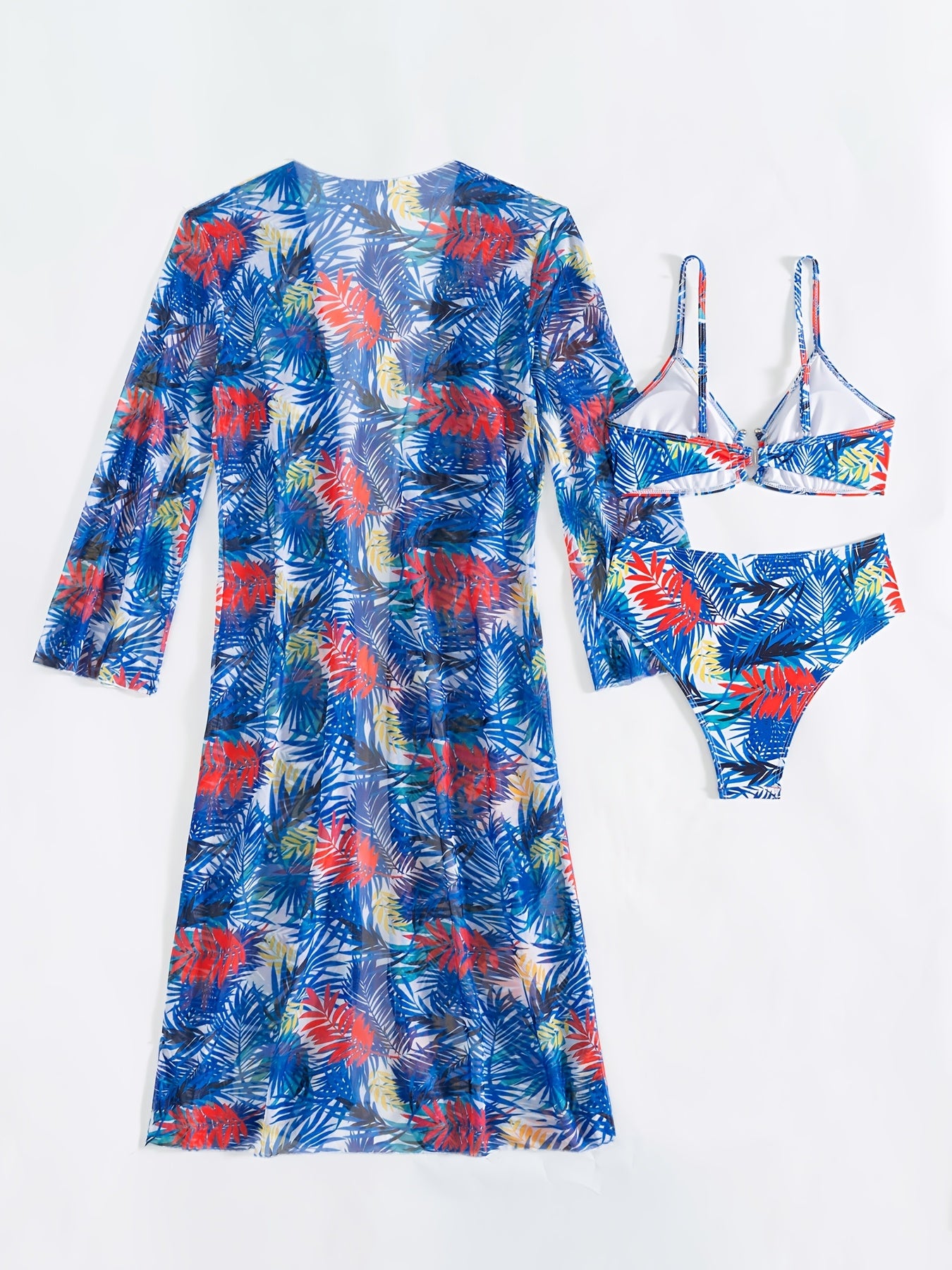 Ensemble Bikini 3 Pieces Femme - Motif Tropical, Col en V, Manches Longues