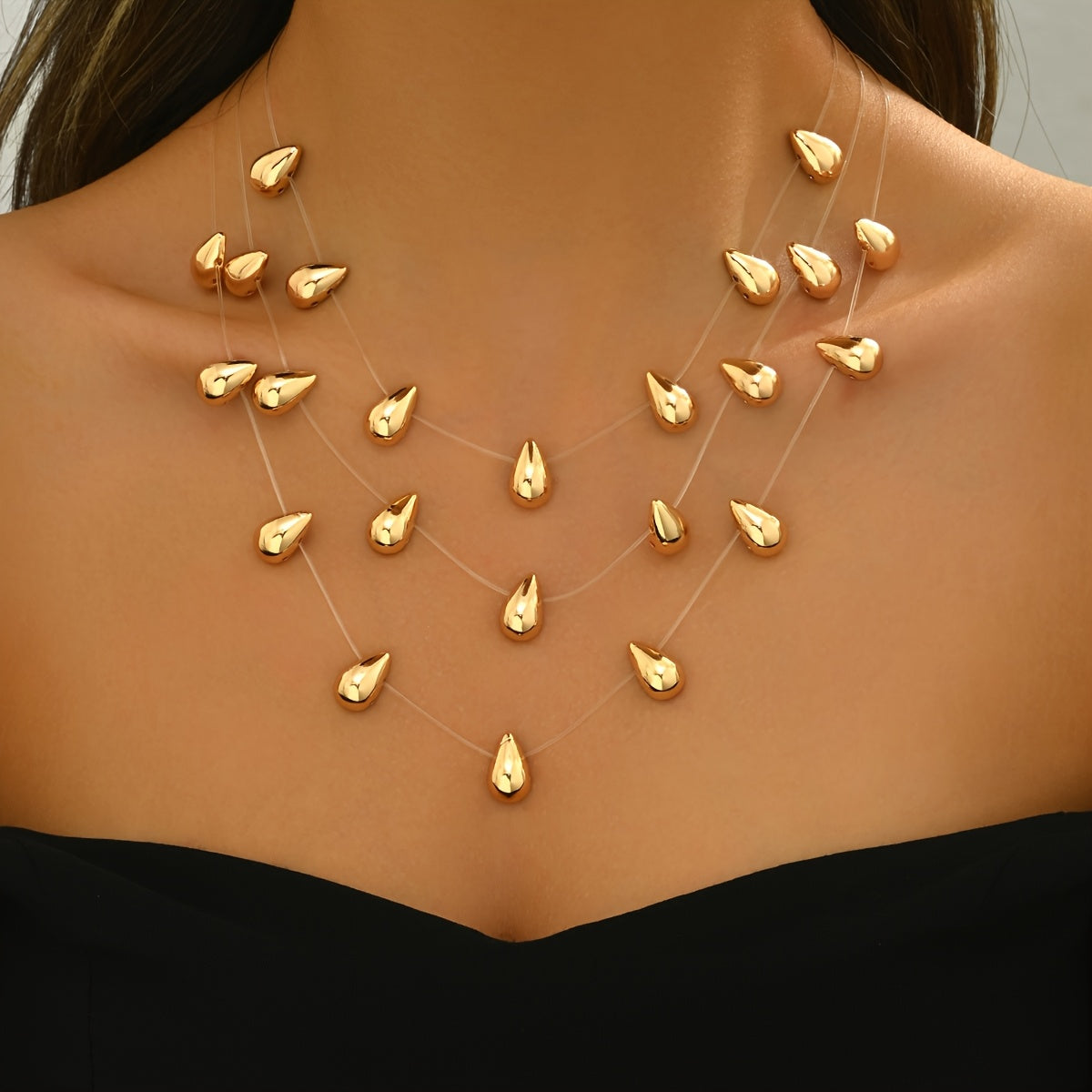 Collier Multicouche Boho Chic Femme - Pendentif Larme Alliage Cordon Transparent