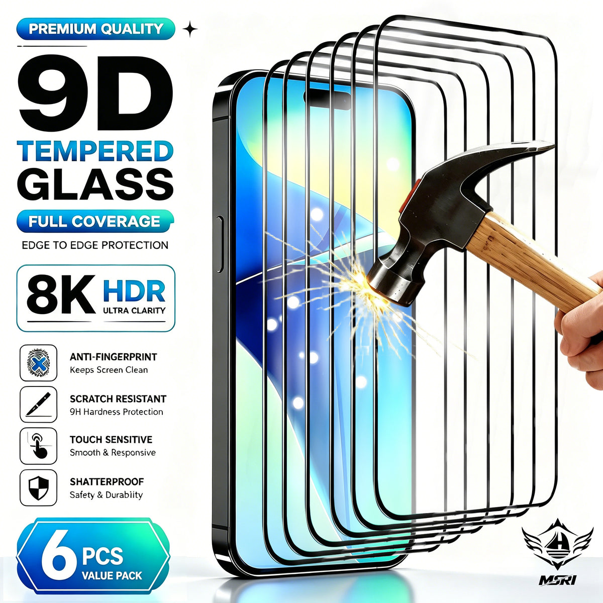 Lot de 6 protections d’écran 9D en verre trempé pour iPhone