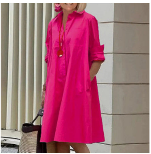 Robe Chemise Manches Longues Femme – Col Polo, Couleur Unie, Mi-Longue Grande Taille