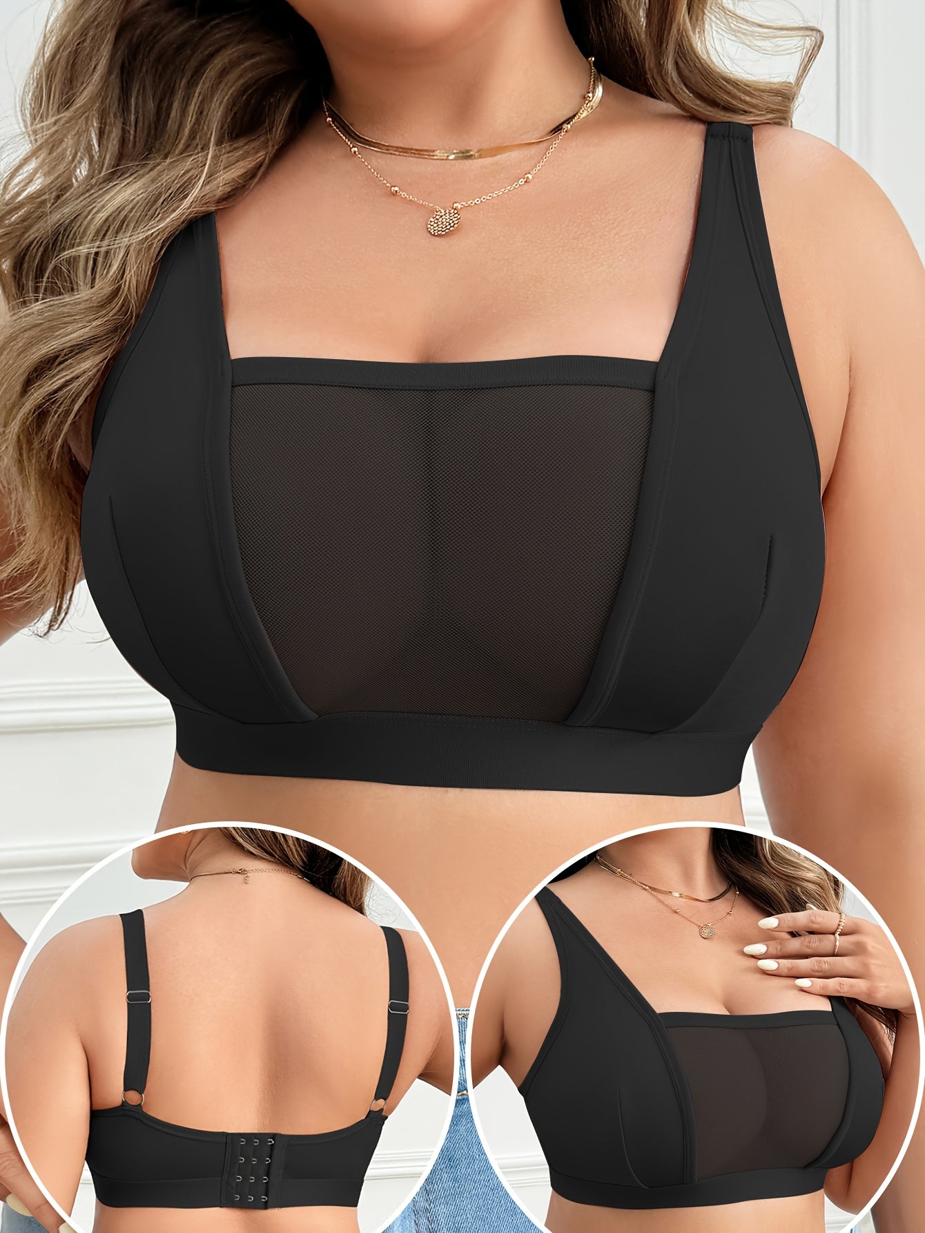 Soutien-Gorge Sans Fil Grande Taille Femme — 90% Polyester, Maille Contrastée, 3 Coloris, L-4XL