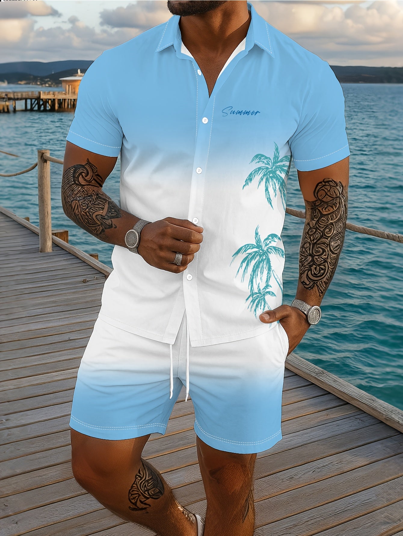 Ensemble Chemise Manches Courtes et Short Imprime Homme - Tenue Ete Decontractee
