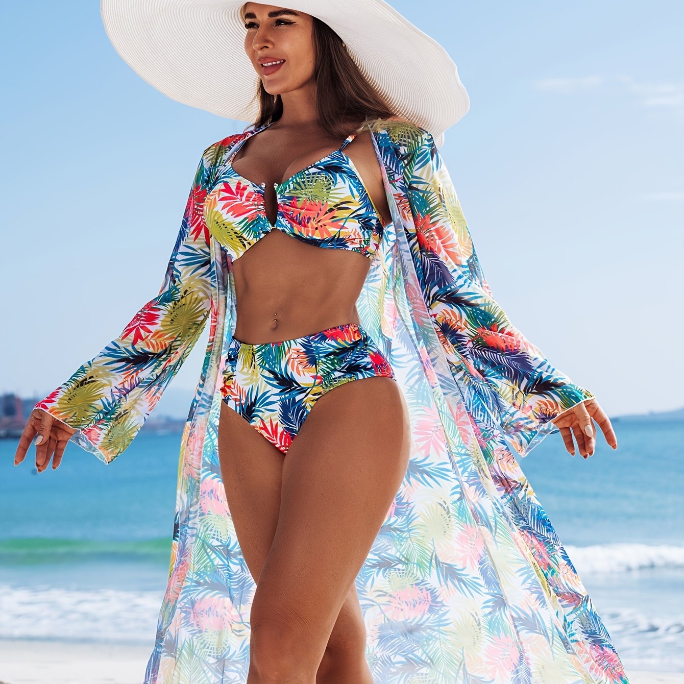 Ensemble Bikini 3 Pieces Femme - Motif Tropical, Col en V, Manches Longues