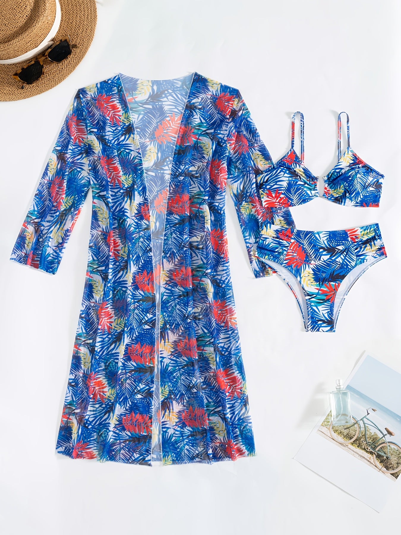Ensemble Bikini 3 Pieces Femme - Motif Tropical, Col en V, Manches Longues