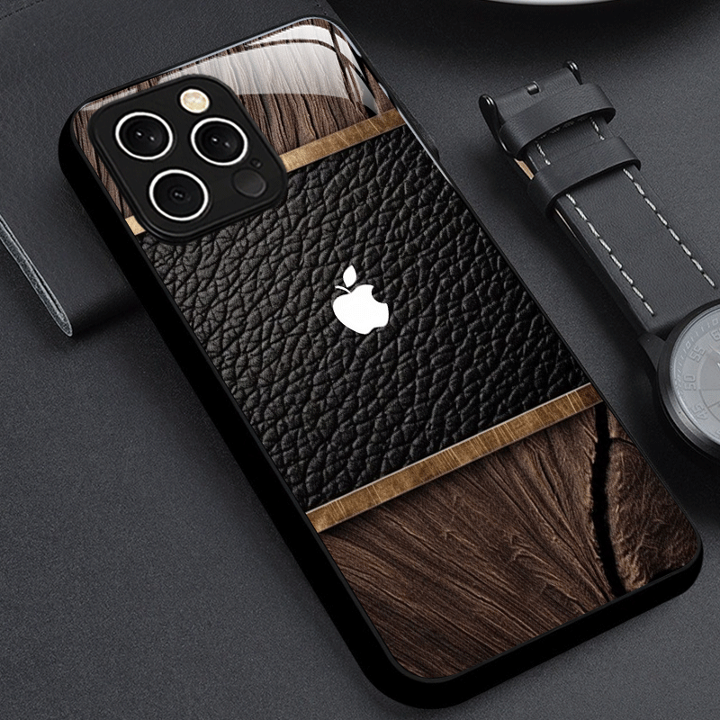 Coque iPhone Verre Trempé Logo Apple – Design Bois, Impression UV, Protection Objectif